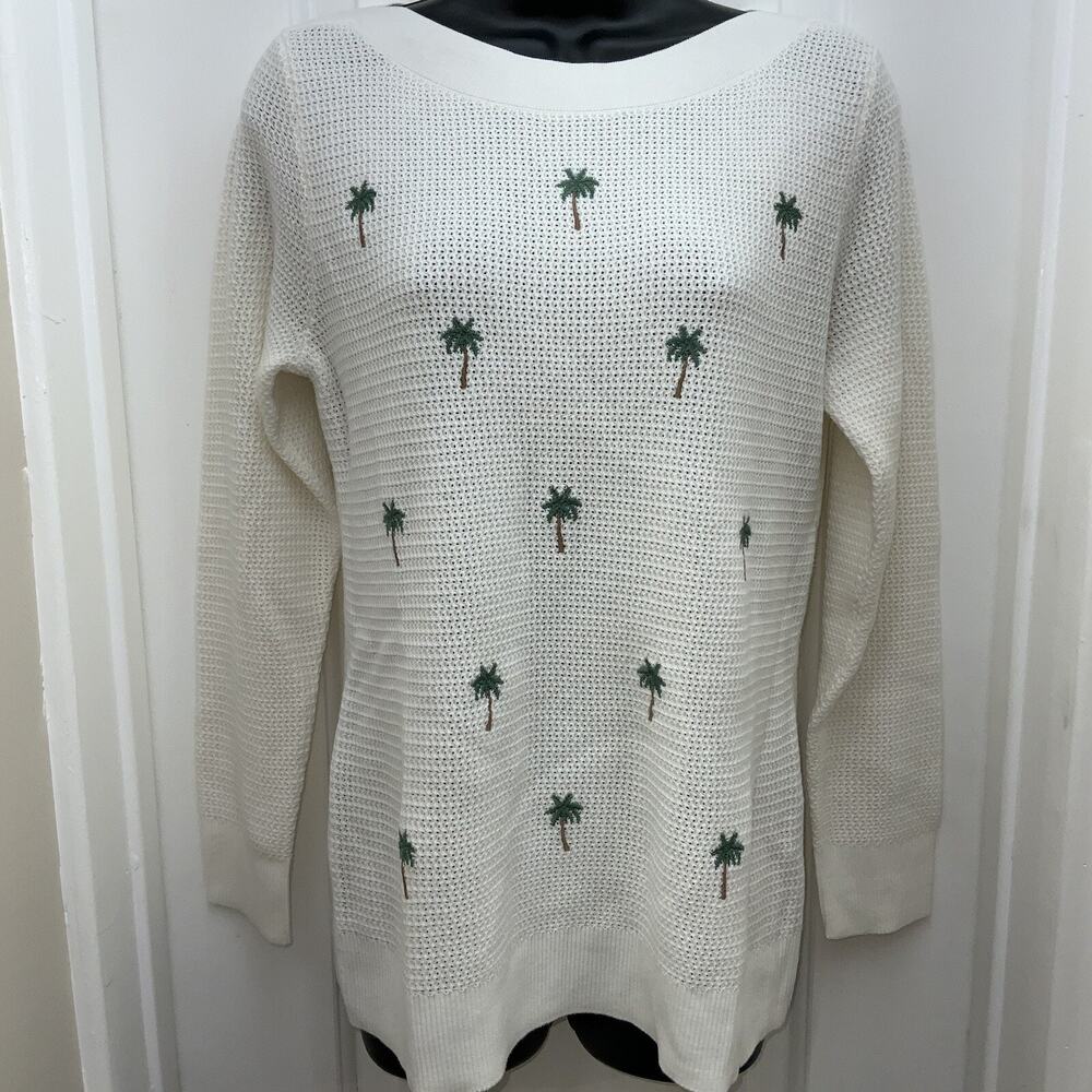 Market & Spruce White Embroidered Palm Tree Pullover Sweater Small